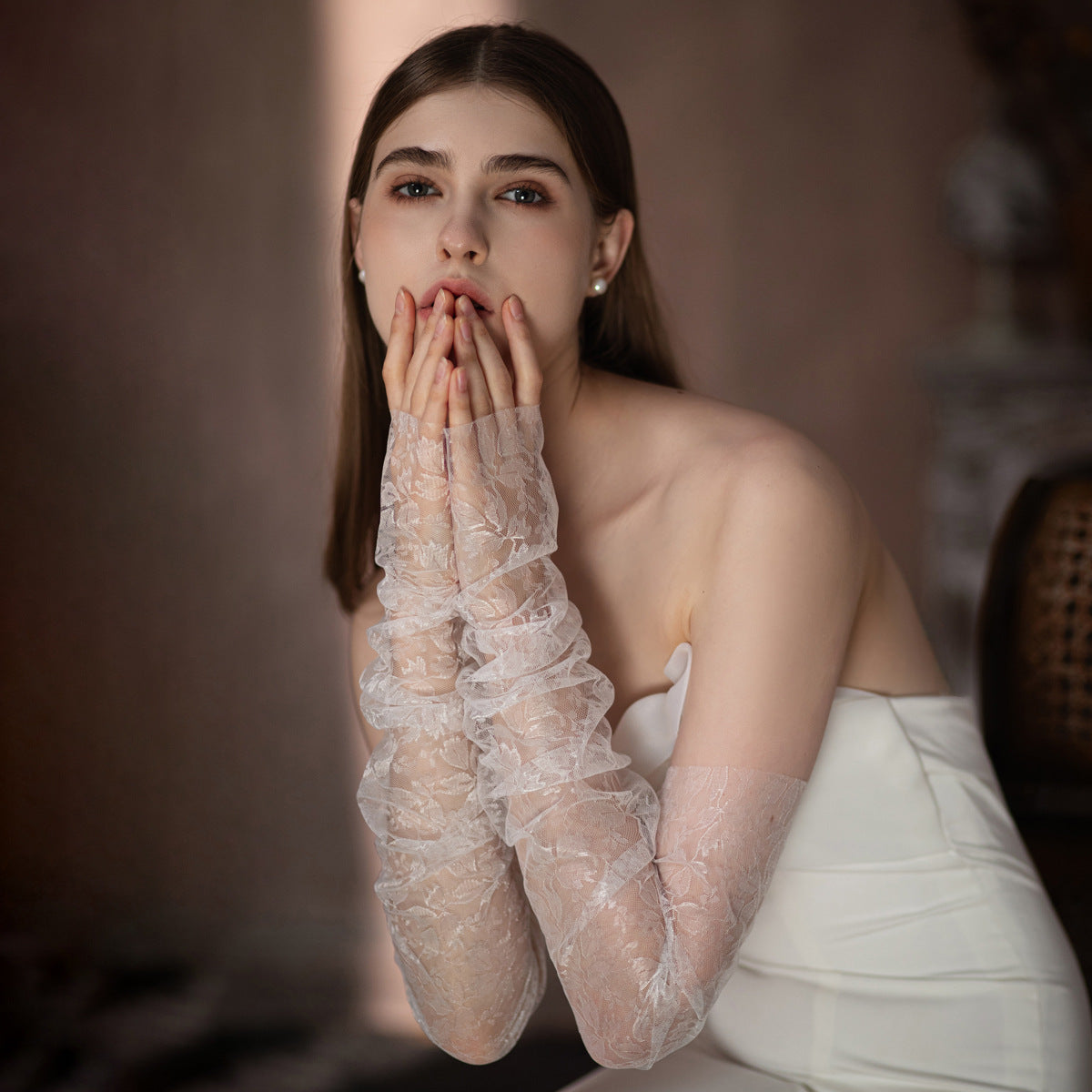 Romantic Floral Lace Ruched Fingerless Opera Gloves White Bride Wedding Evening Party Accessories GL008 SHEER FAIRY