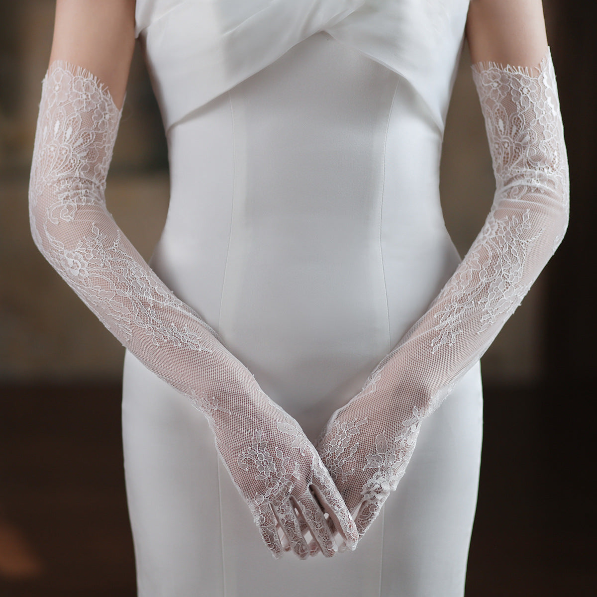 Chic Delicate Floral Pattern Lace Long Wedding Gloves White Bridal Arm Sleeves GL007 SHEER FAIRY