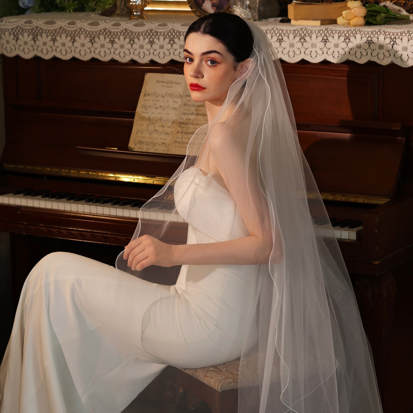 Voluminous Ruffled Border Bridal Veil Multi Layer Soft Tulle Cathedral Length 86.61 Inches Statement Wedding Veil BV005（副本） SHEER FAIRY