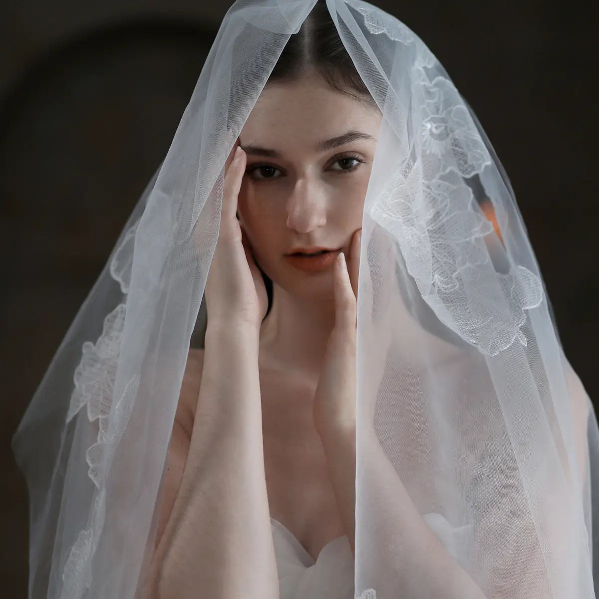 Fingertip Length White Floral Lace Applique Wedding Veil BV007 SHEER FAIRY