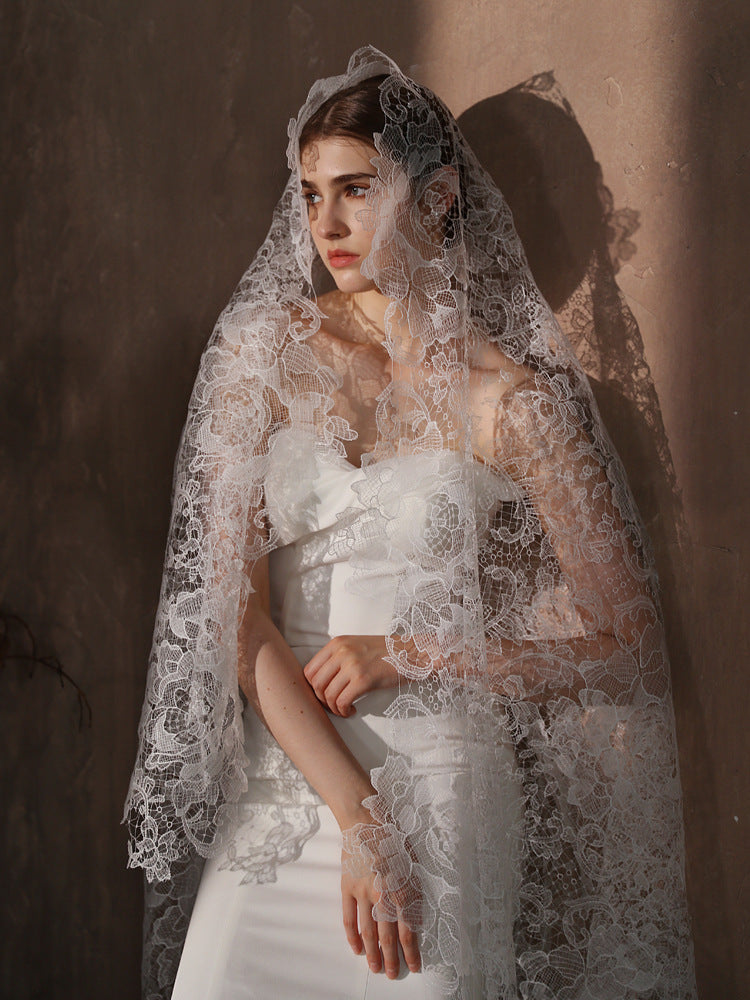 Statement Bold Floral Lace Mantilla Wedding Veil Elegant Scalloped Edge 70.86 Inches Cathedral Bridal Veil BV004 SHEER FAIRY