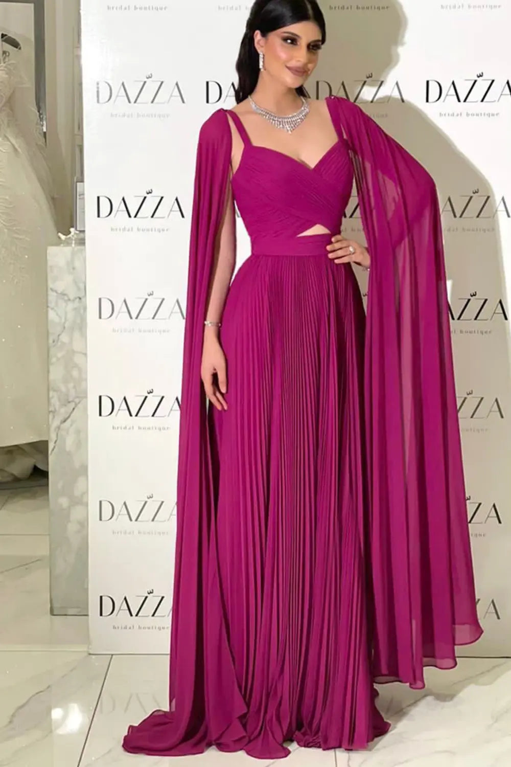 Elegant Fuchsia Chiffon Evening Dress with Cape Sleeves SF090 Sheer Fairy