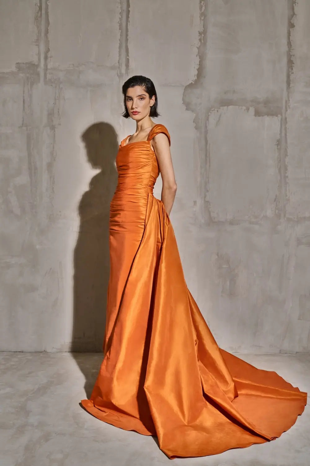 Metallica Orange Off-Shoulder Satin Mermaid Evening Dress SF491 Sheer Fairy