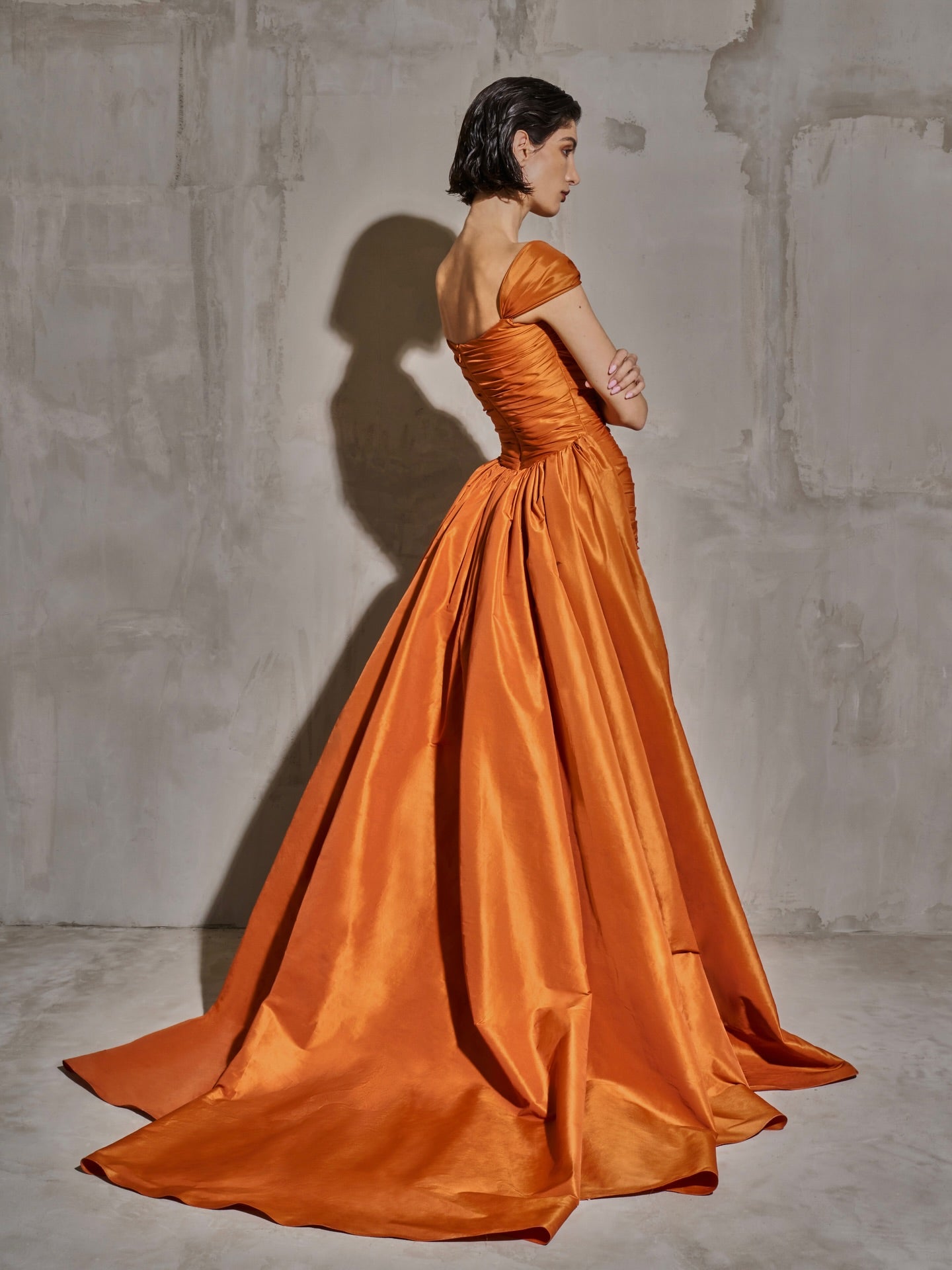 Metallica Orange Off-Shoulder Satin Mermaid Evening Dress SF491