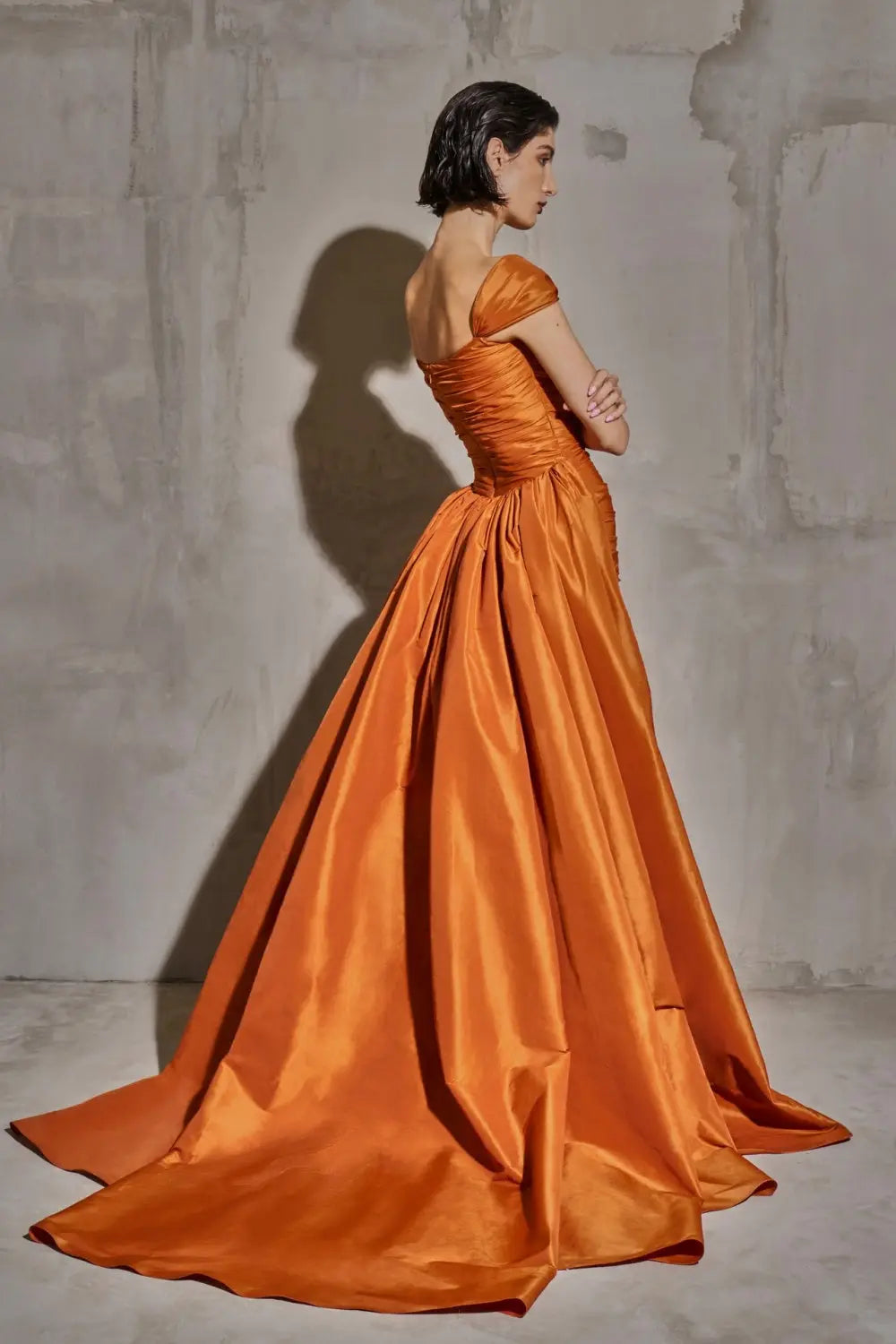 Metallica Orange Off-Shoulder Satin Mermaid Evening Dress SF491 Sheer Fairy