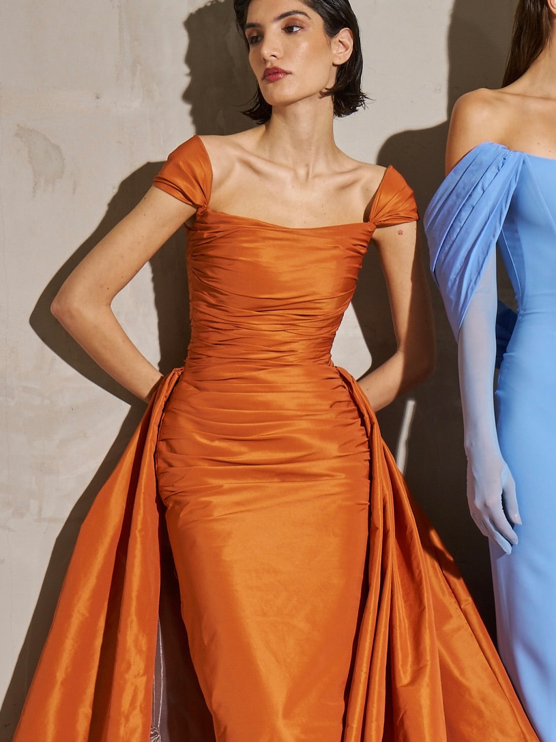 Metallica Orange Off-Shoulder Satin Mermaid Evening Dress SF491