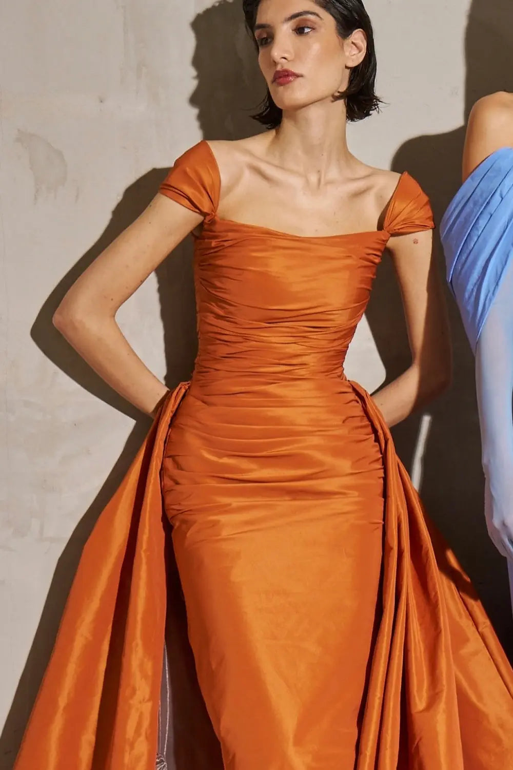Metallica Orange Off-Shoulder Satin Mermaid Evening Dress SF491 Sheer Fairy