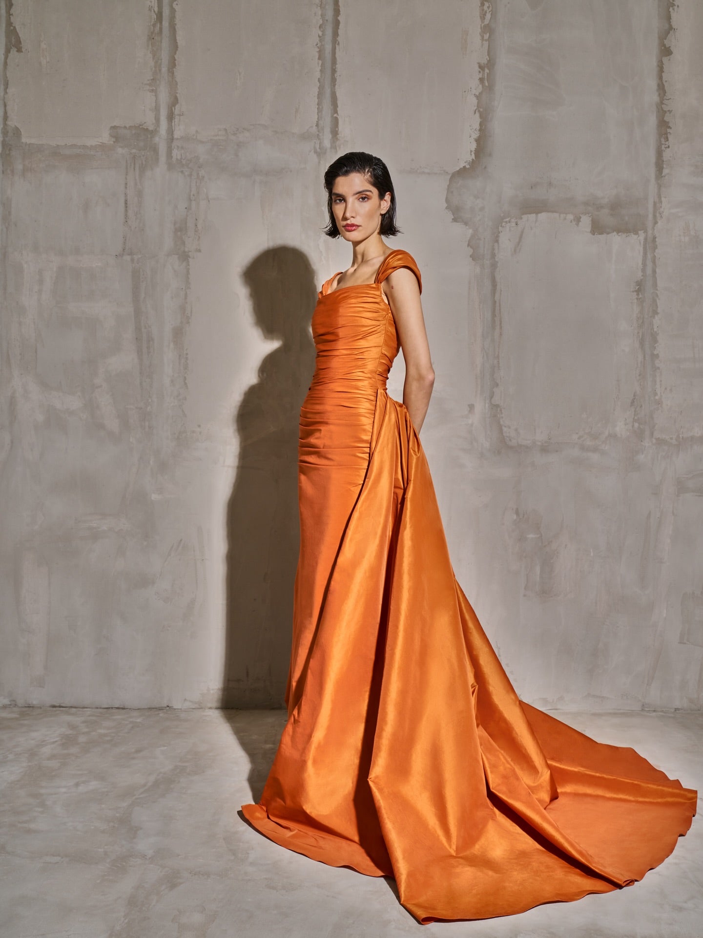 Metallica Orange Off-Shoulder Satin Mermaid Evening Dress SF491