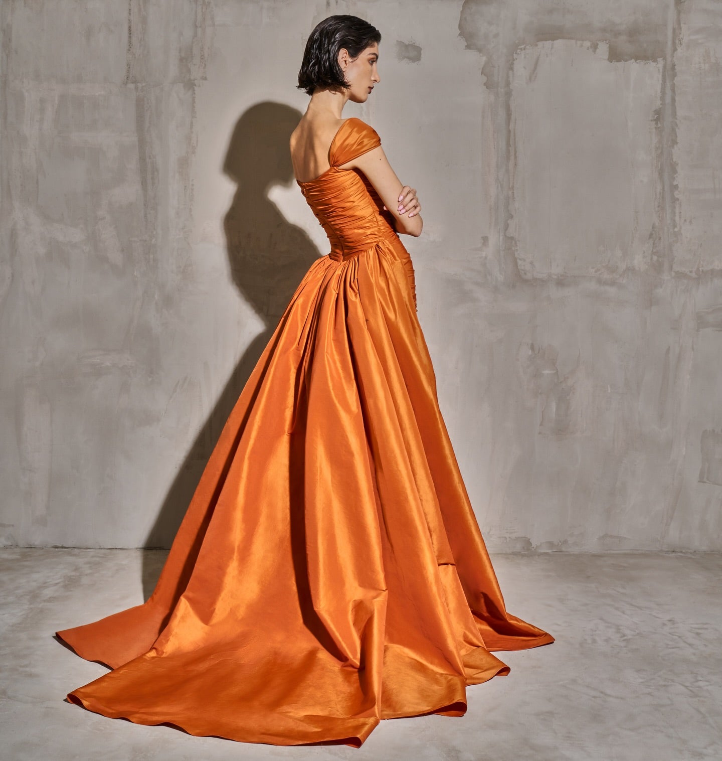 Metallica Orange Off-Shoulder Satin Mermaid Evening Dress SF491