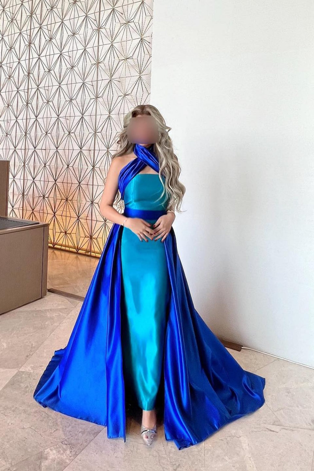 Royal Blue Criss Cross Halter Evening Dress with Overskirt SF012 Sheer Fairy