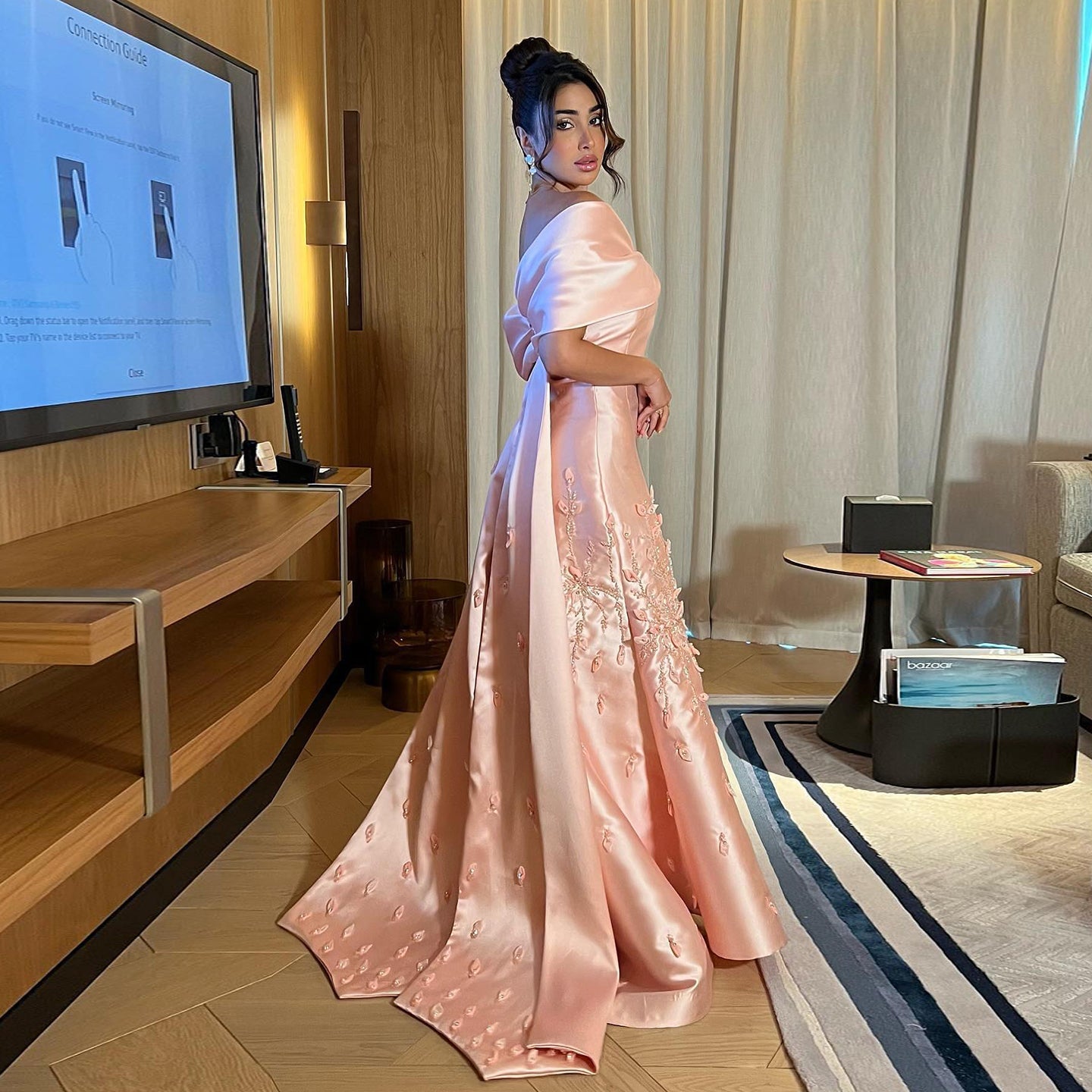 Off-the-Shoulder Long Pink Satin Mermaid Evening Dress with Floral Appliqués SS464 Sheer Fairy