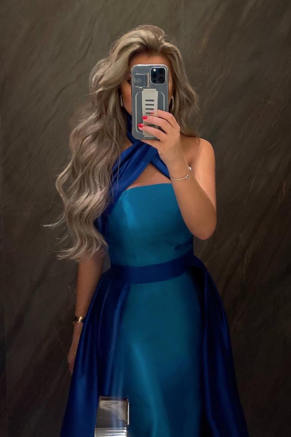 Royal Blue Criss Cross Halter Evening Dress with Overskirt SF012 Sheer Fairy