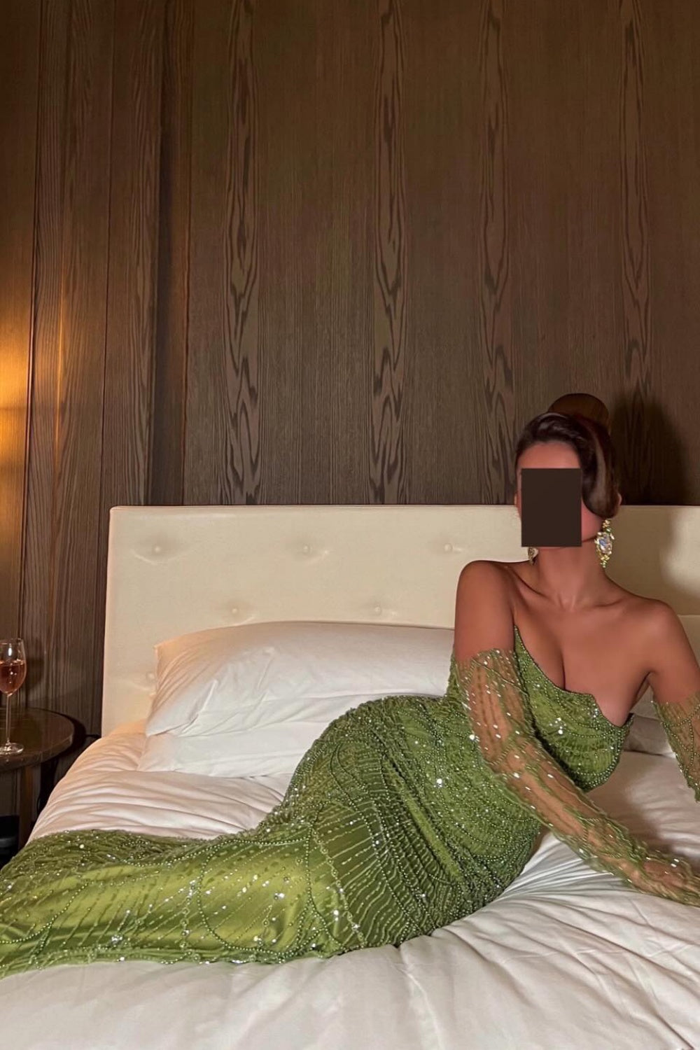 Luxury Beaded Green Mermaid Evening Dress with Gloves SS606 Sheer Fairy