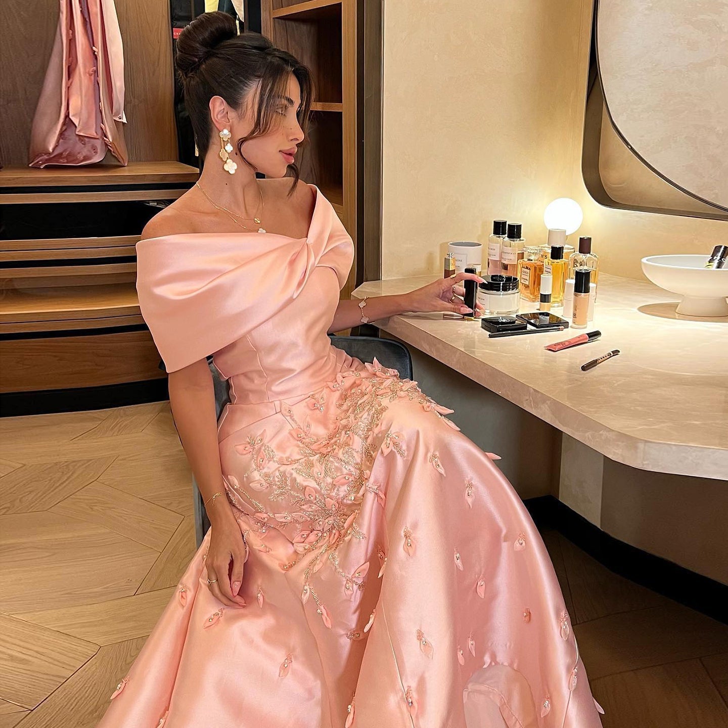 Off-the-Shoulder Long Pink Satin Mermaid Evening Dress with Floral Appliqués SS464 Sheer Fairy