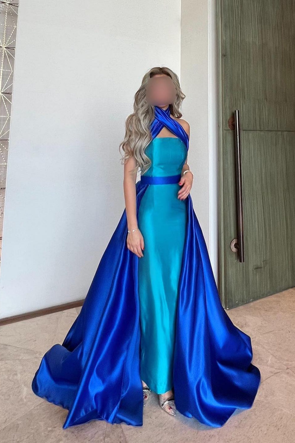 Royal Blue Criss Cross Halter Evening Dress with Overskirt SF012 Sheer Fairy