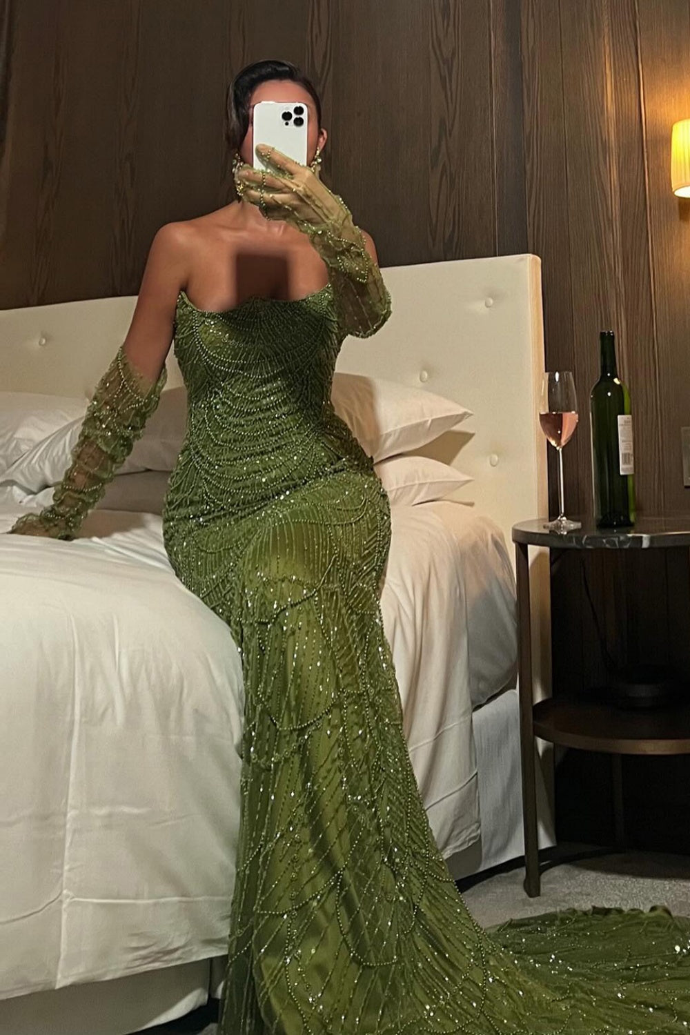 Luxury Beaded Green Mermaid Evening Dress with Gloves SS606 Sheer Fairy
