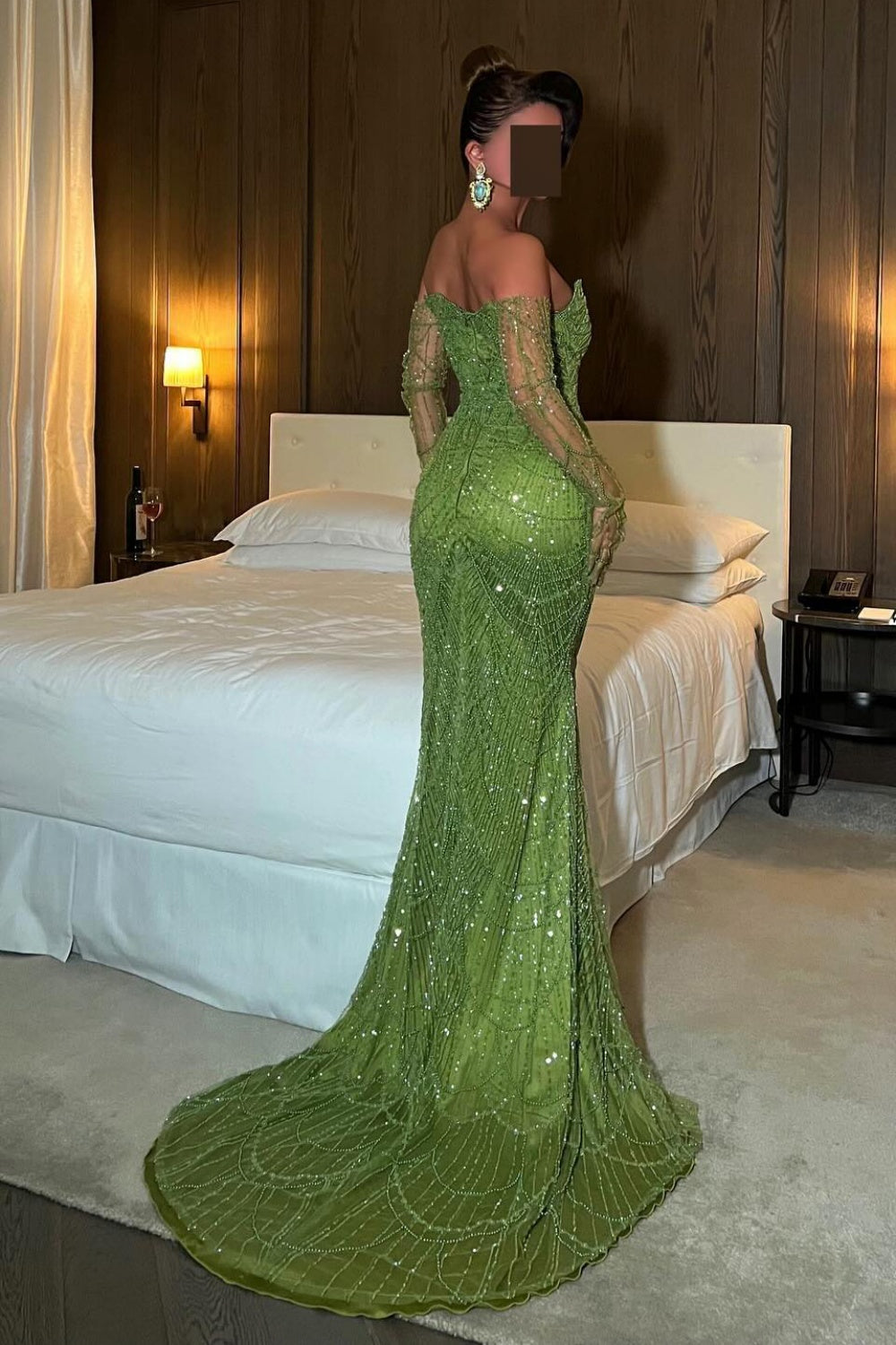 Luxury Beaded Green Mermaid Evening Dress with Gloves SS606 Sheer Fairy