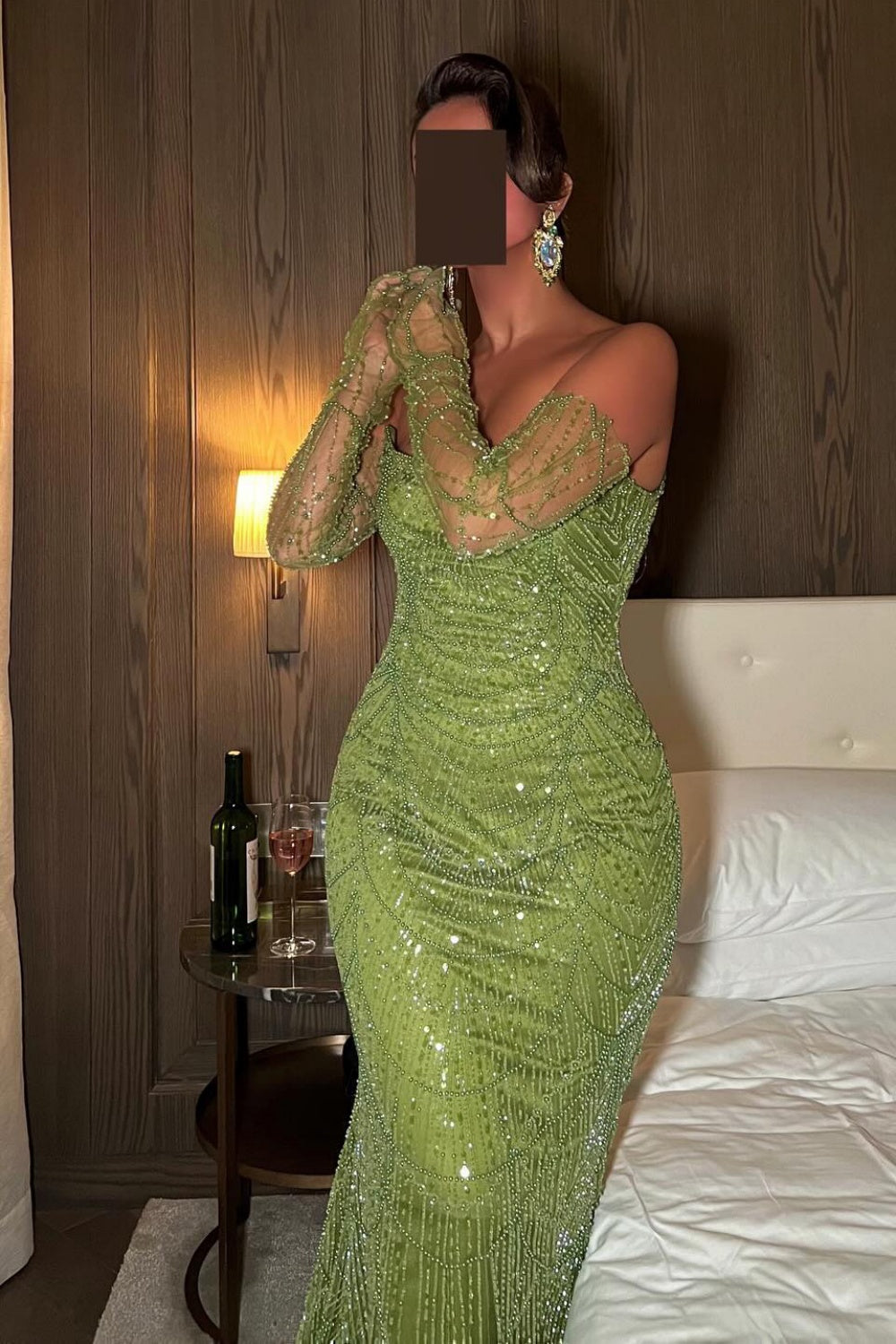 Luxury Beaded Green Mermaid Evening Dress with Gloves SS606 Sheer Fairy