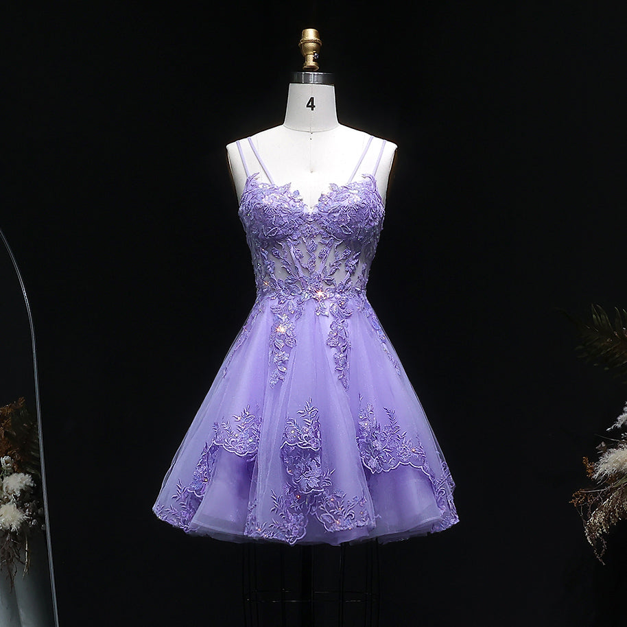 Lavender Lace Appliqué Tulle Homecoming Dress with Spaghetti Straps RM128 Sheer Fairy