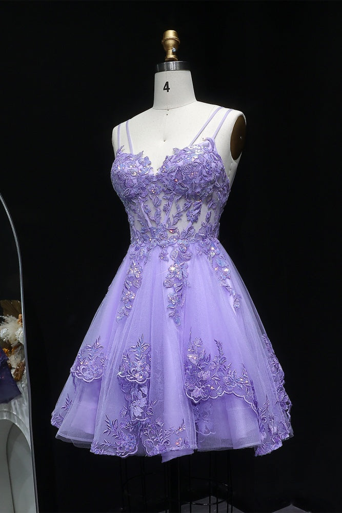 Lavender Lilac Lace Tulle Mini Ballgown Homecoming Dress RM128 Sheer Fairy