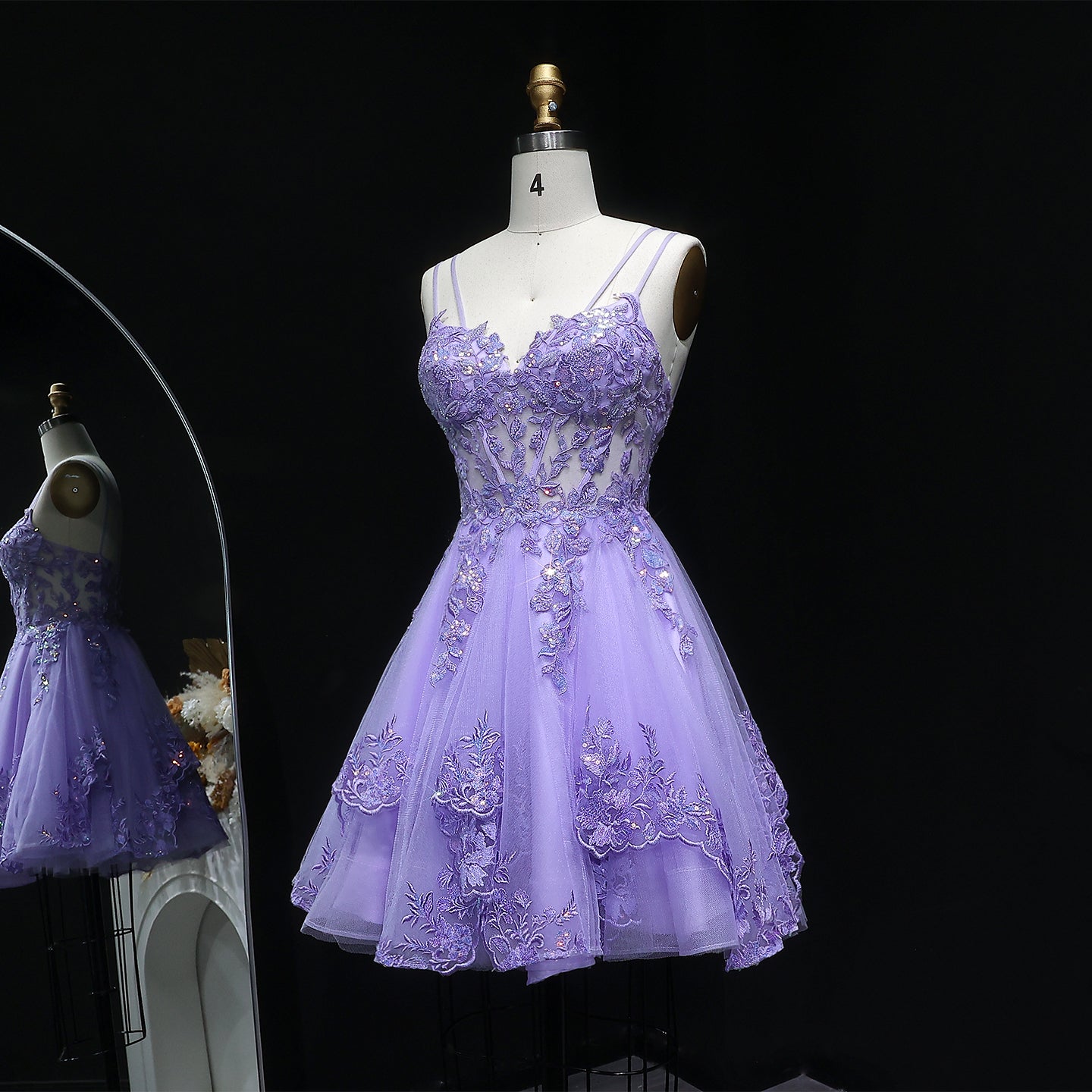 Lavender Lace Appliqué Tulle Homecoming Dress with Spaghetti Straps RM128 Sheer Fairy
