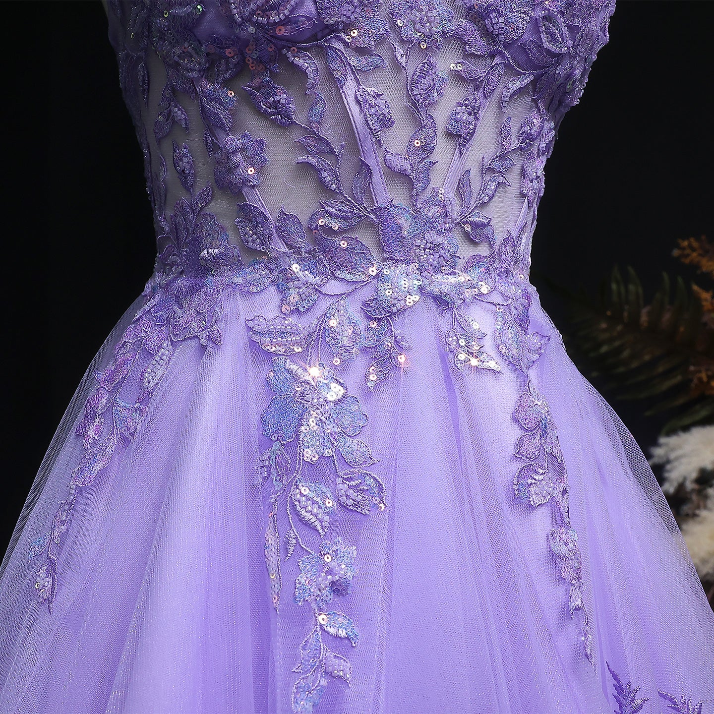 Lavender Lace Appliqué Tulle Homecoming Dress with Spaghetti Straps RM128 Sheer Fairy