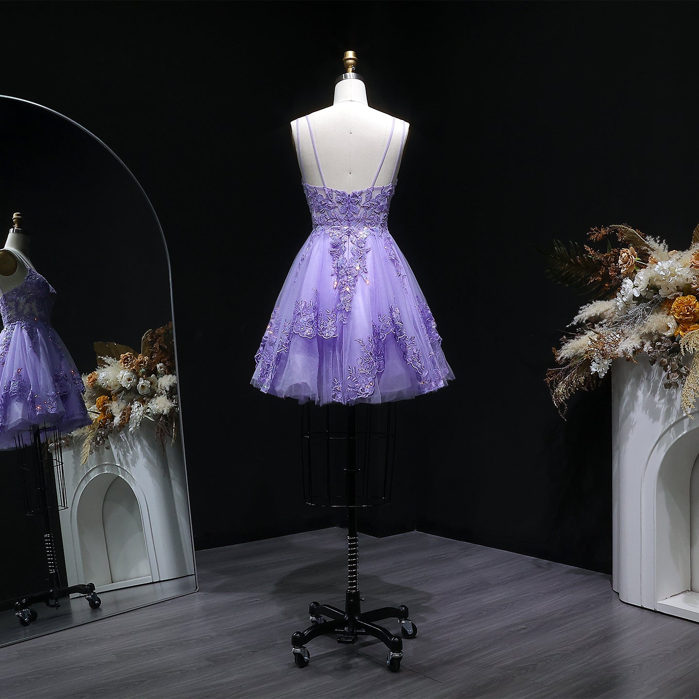 Lavender Lace Appliqué Tulle Homecoming Dress with Spaghetti Straps RM128 Sheer Fairy