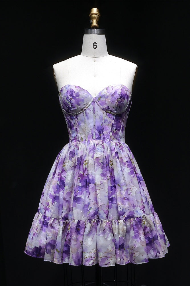 Lavender Lilac Watercolor Floral Strapless Mini Homecoming Dress RM130 Sheer Fairy