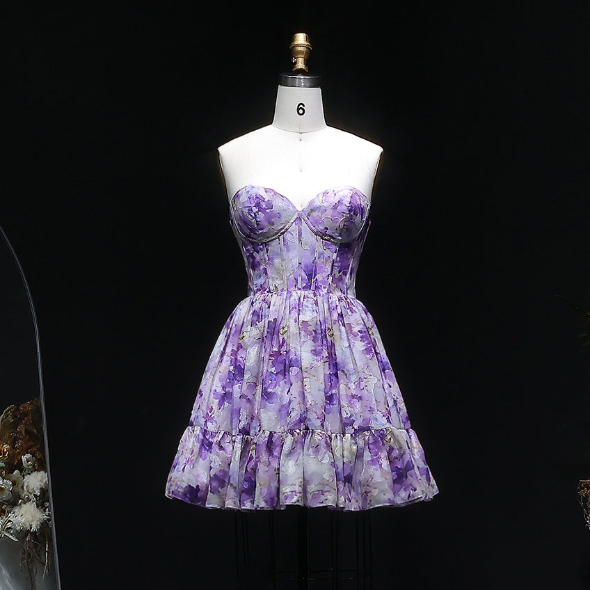 Sweetheart Lilac Floral Print Chiffon Mini Dress with Corset Bodice RM130 Sheer Fairy