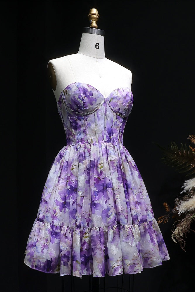 Lavender Lilac Watercolor Floral Strapless Mini Homecoming Dress RM130 Sheer Fairy