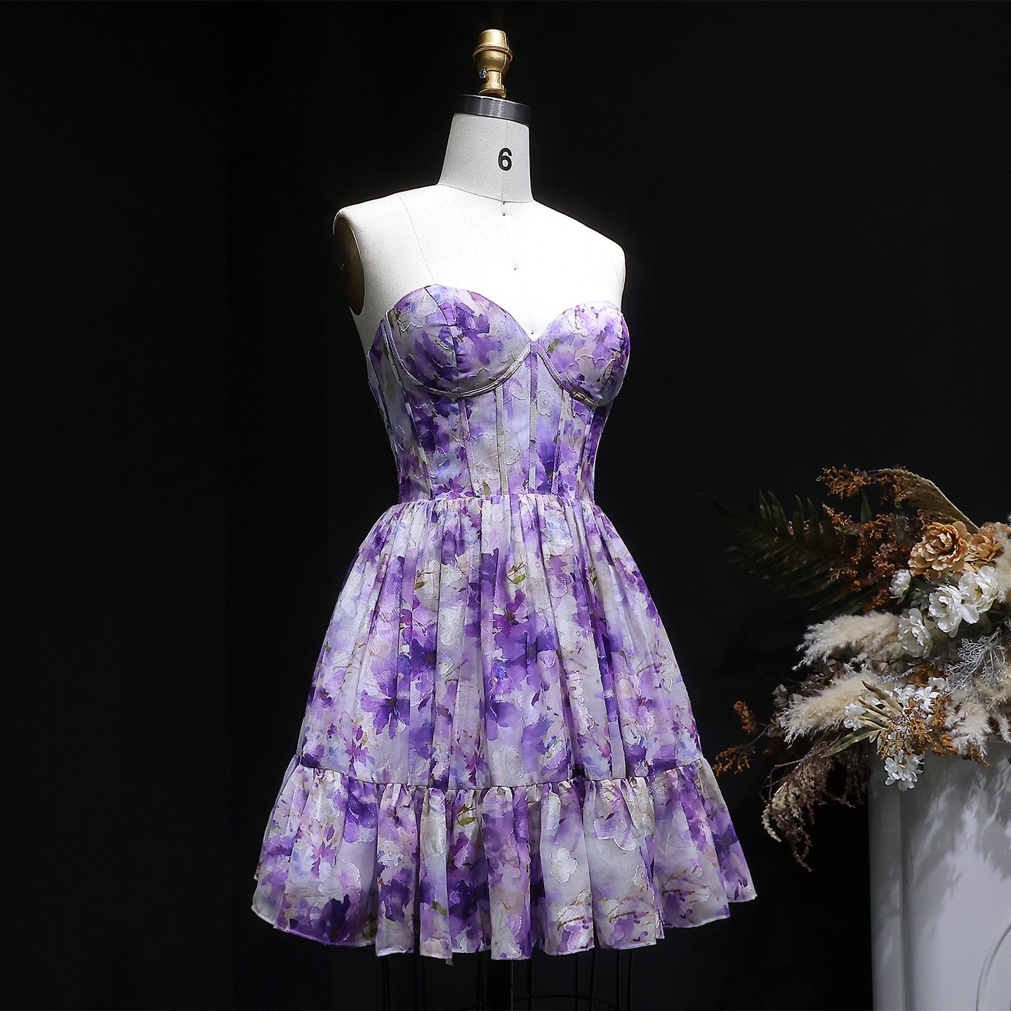 Sweetheart Lilac Floral Print Chiffon Mini Dress with Corset Bodice RM130 Sheer Fairy
