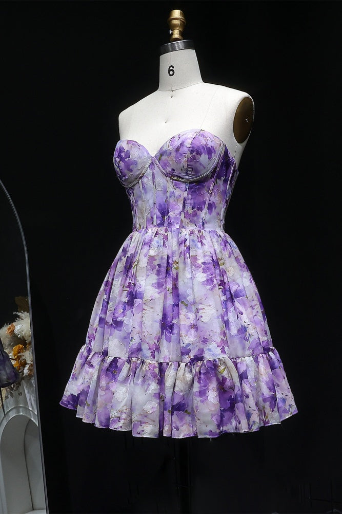 Lavender Lilac Watercolor Floral Strapless Mini Homecoming Dress RM130 Sheer Fairy