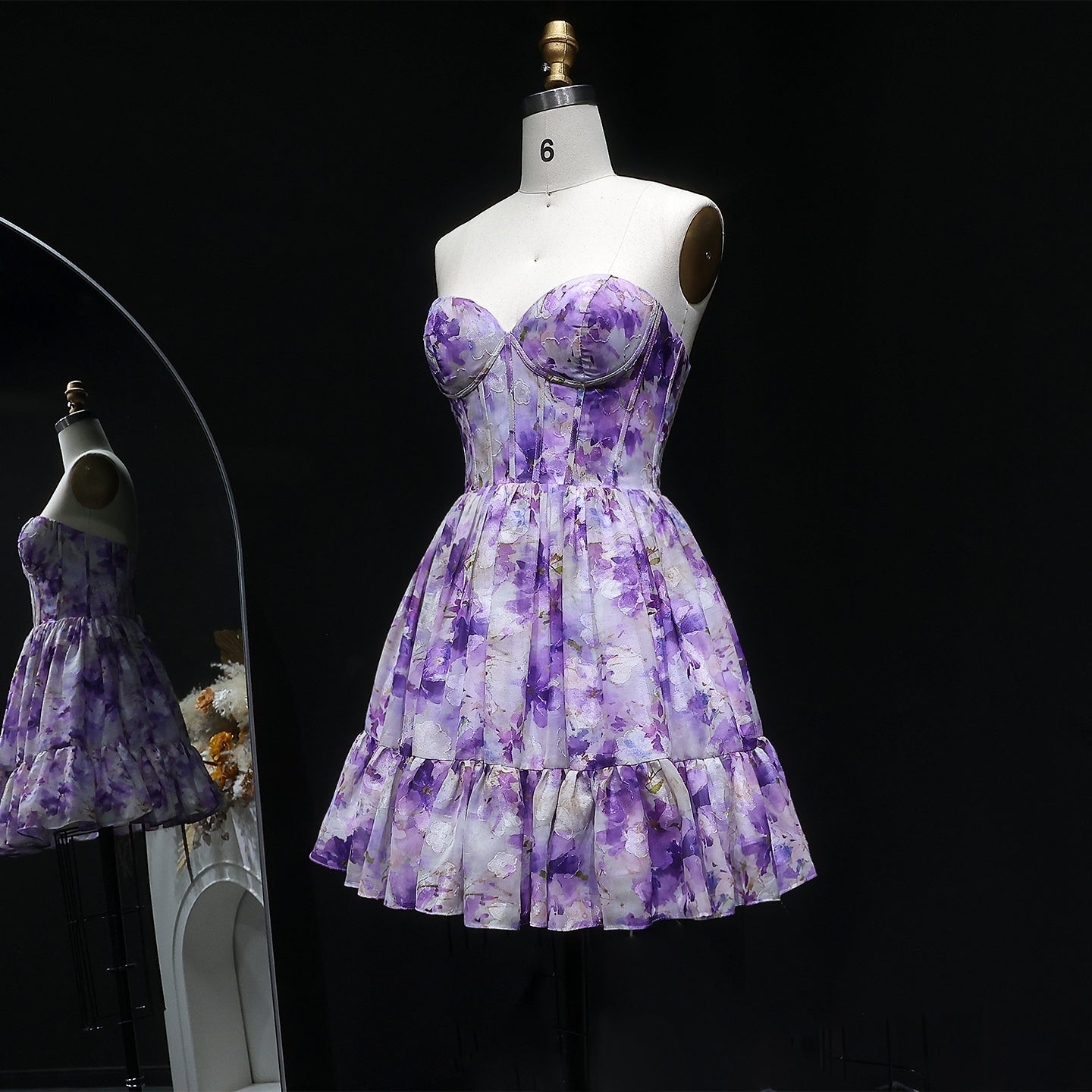 Sweetheart Lilac Floral Print Chiffon Mini Dress with Corset Bodice RM130 Sheer Fairy