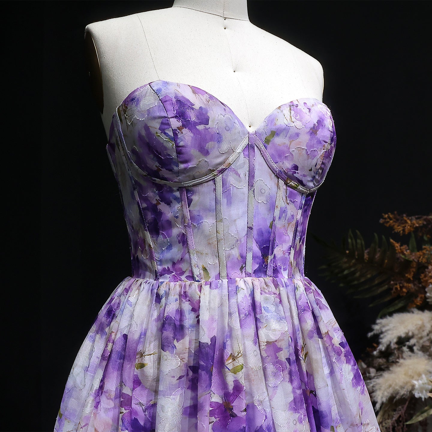 Sweetheart Lilac Floral Print Chiffon Mini Dress with Corset Bodice RM130 Sheer Fairy