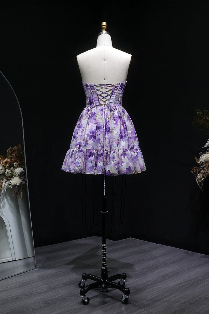 Lavender Lilac Watercolor Floral Strapless Mini Homecoming Dress RM130 Sheer Fairy