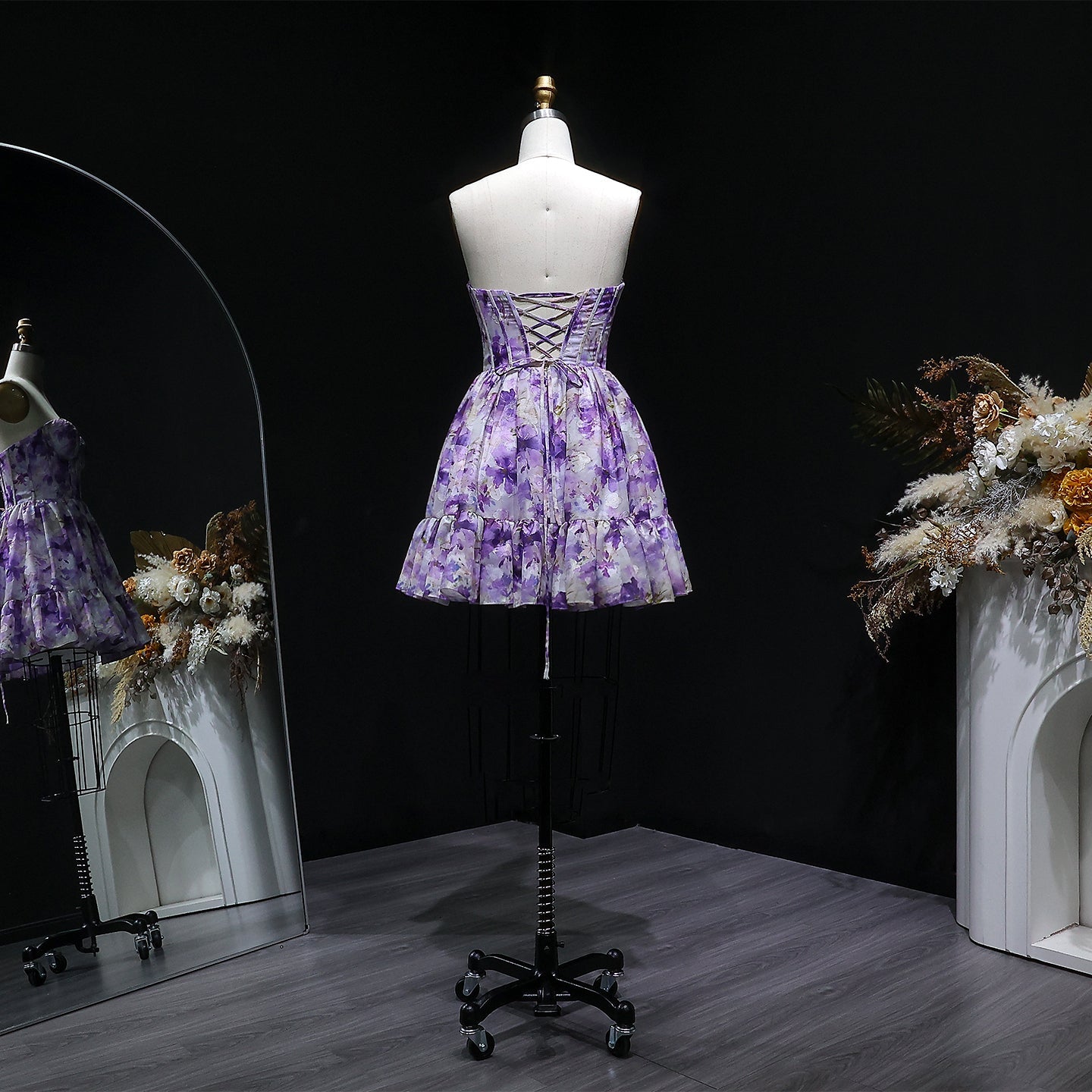 Sweetheart Lilac Floral Print Chiffon Mini Dress with Corset Bodice RM130 Sheer Fairy