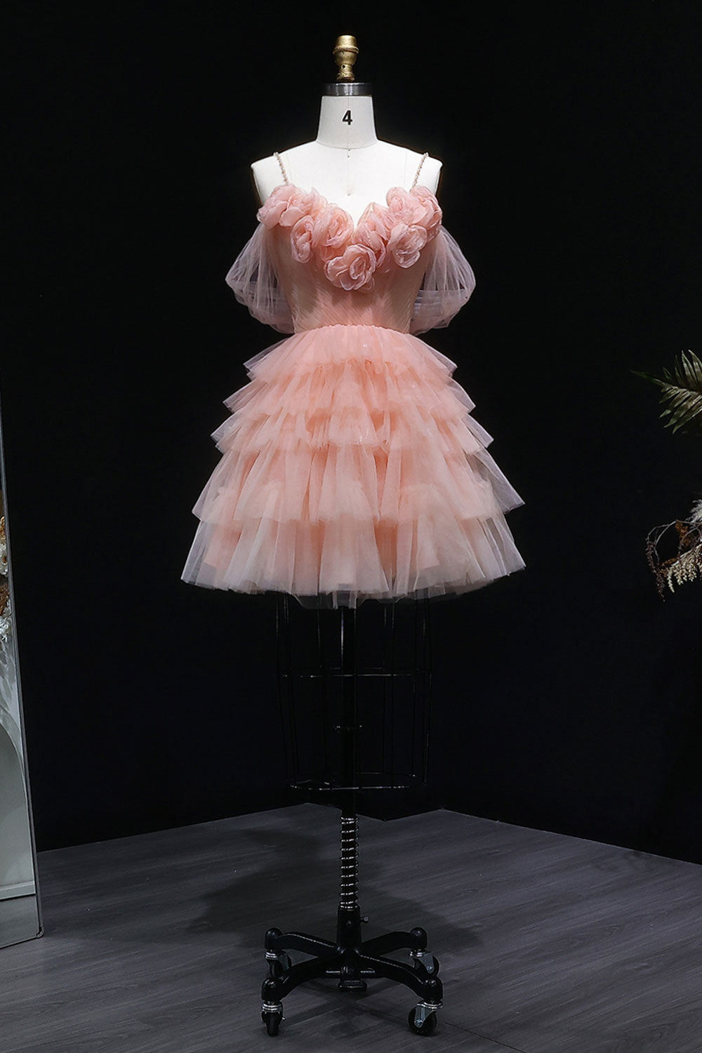 Peach Pink Tiered Tulle Homecoming Dress with 3D Floral Off-Shoulder RM132 Sheer Fairy