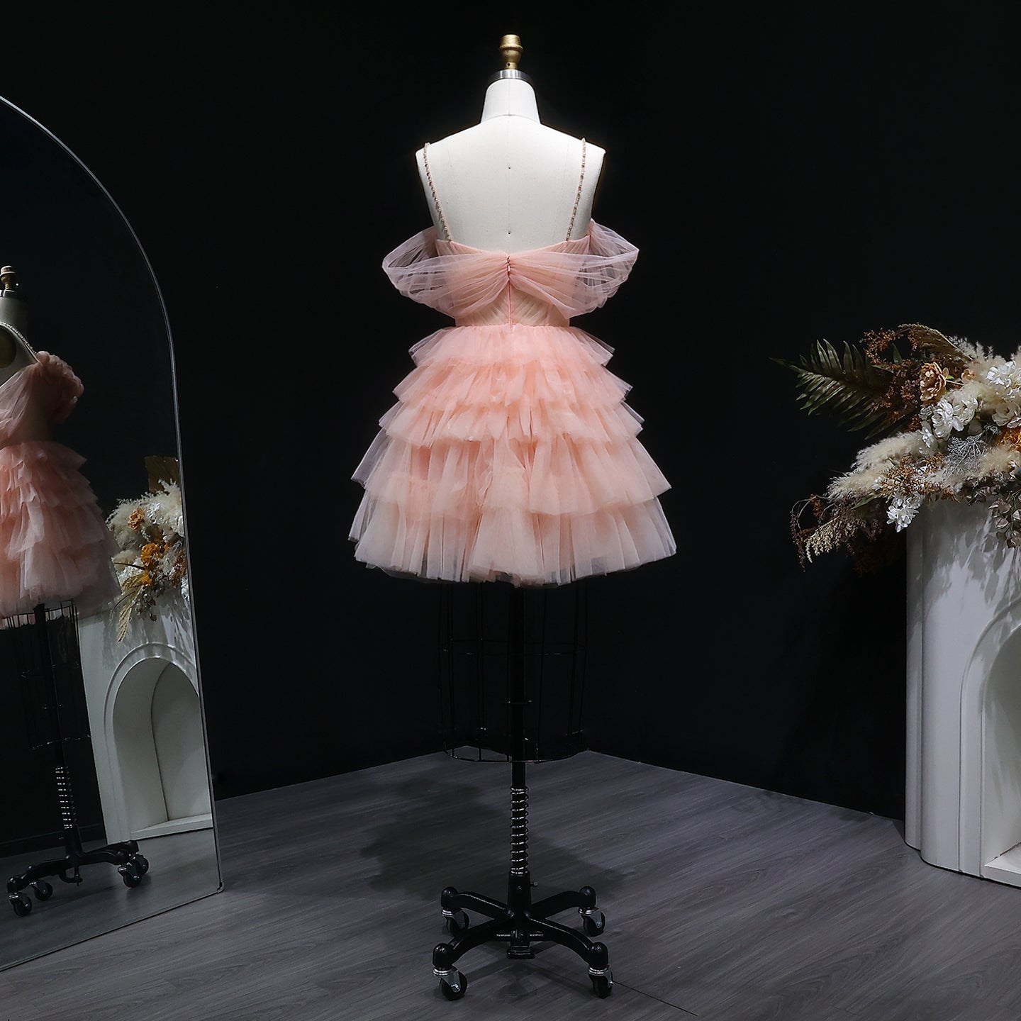 Peach Pink Tiered Tulle Homecoming Dress with 3D Floral Off-Shoulder RM132 Sheer Fairy