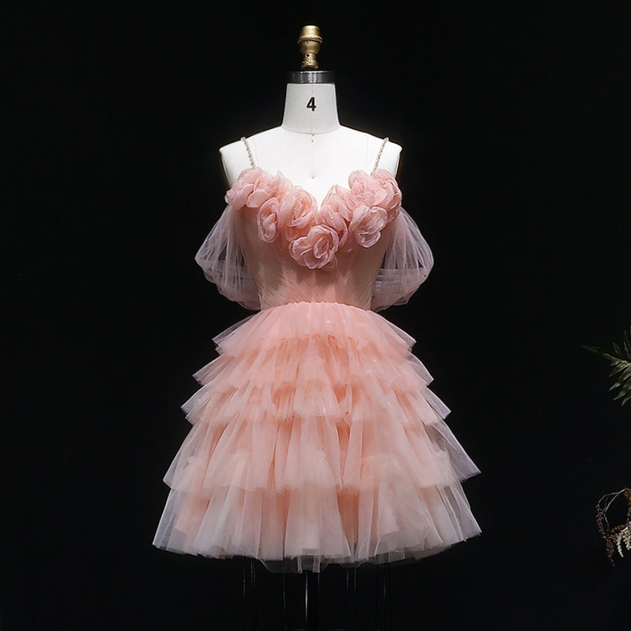 Peach Pink Tiered Tulle Homecoming Dress with 3D Floral Off-Shoulder RM132 Sheer Fairy
