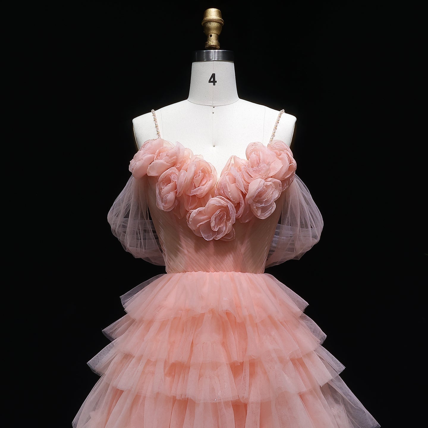 Peach Pink Tiered Tulle Homecoming Dress with 3D Floral Off-Shoulder RM132 Sheer Fairy