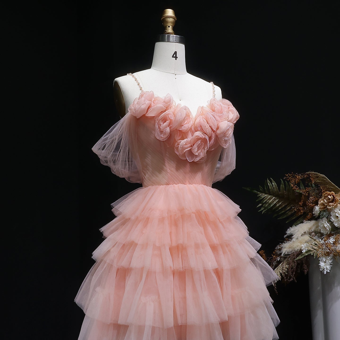 Peach Pink Tiered Tulle Homecoming Dress with 3D Floral Off-Shoulder RM132 Sheer Fairy