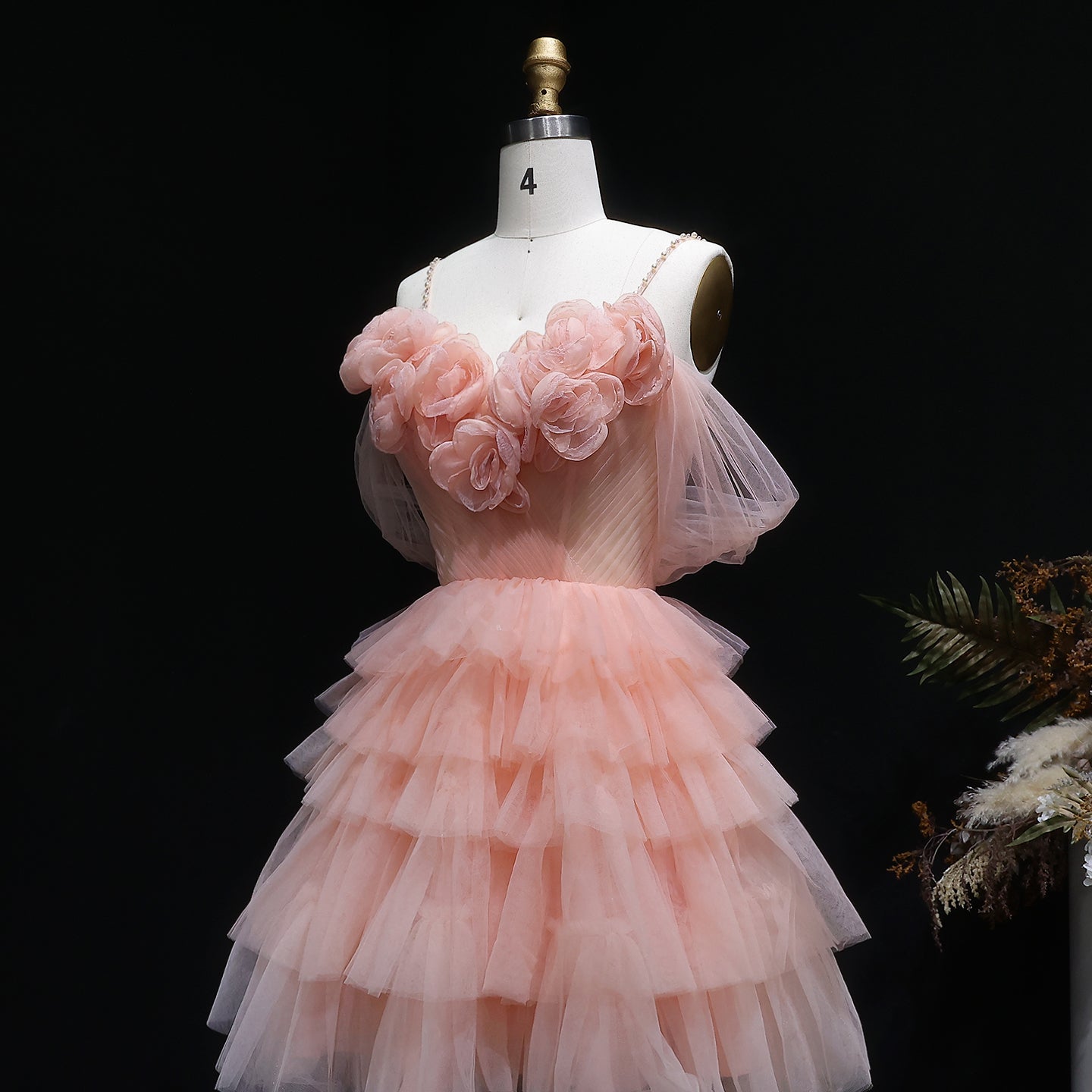 Peach Pink Tiered Tulle Homecoming Dress with 3D Floral Off-Shoulder RM132 Sheer Fairy