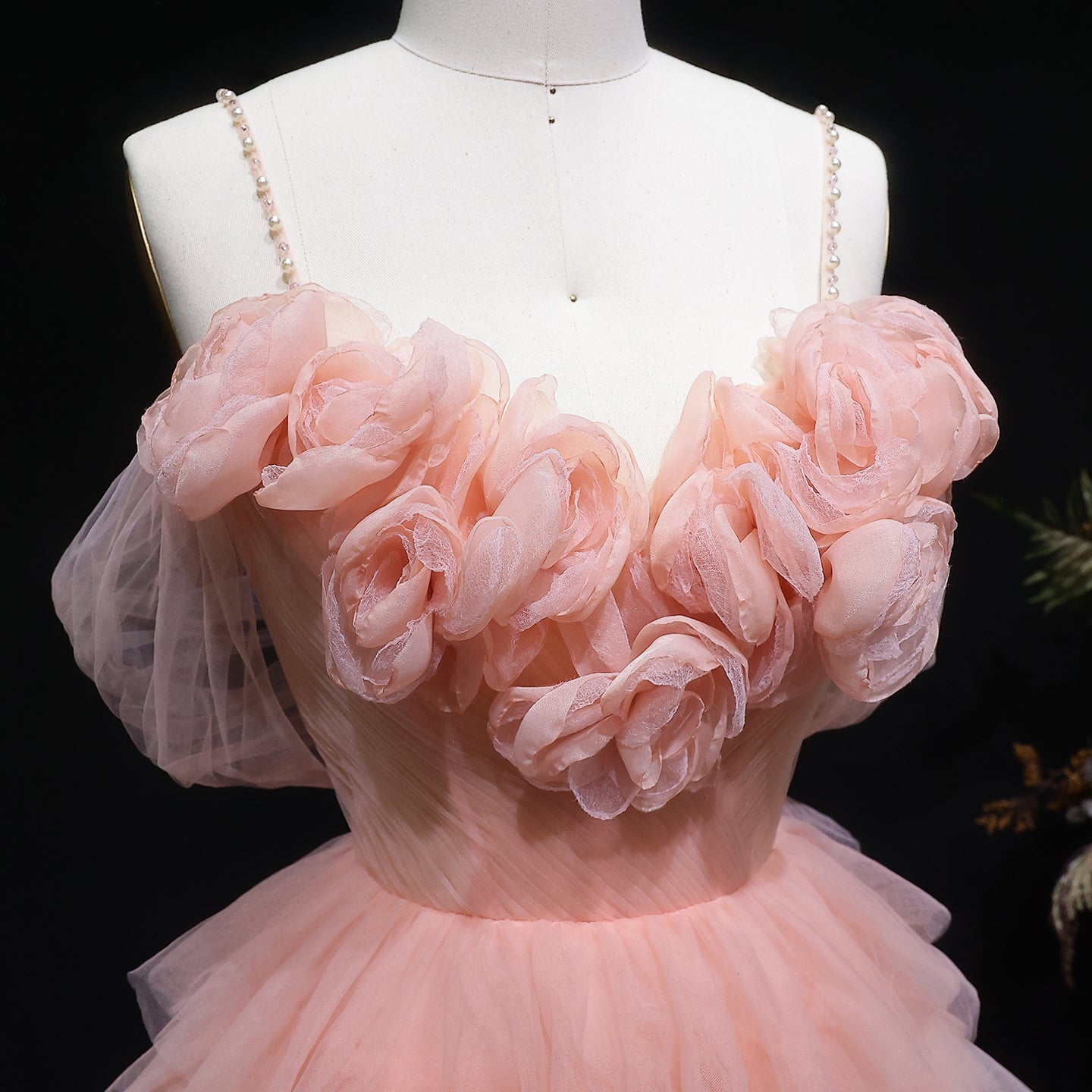 Peach Pink Tiered Tulle Homecoming Dress with 3D Floral Off-Shoulder RM132 Sheer Fairy