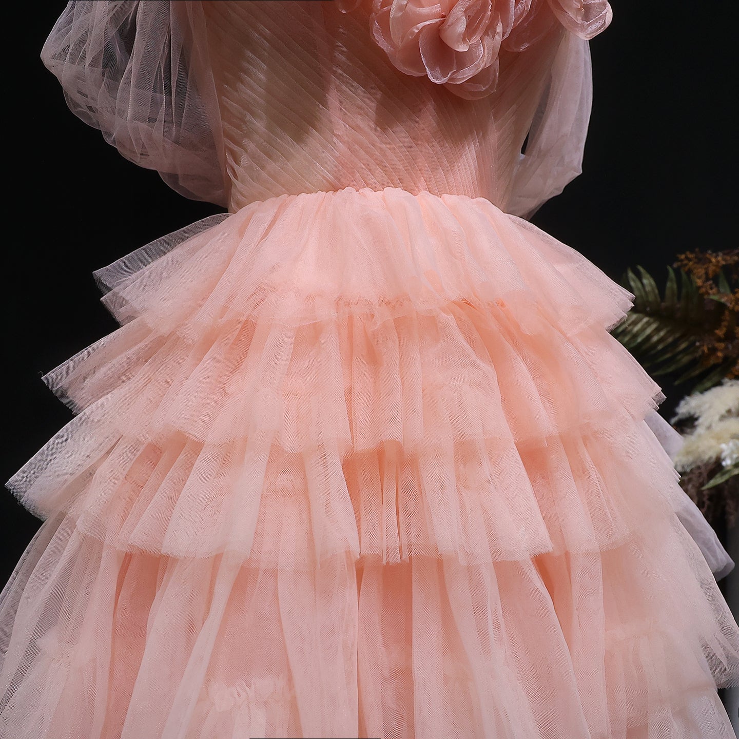 Peach Pink Tiered Tulle Homecoming Dress with 3D Floral Off-Shoulder RM132 Sheer Fairy