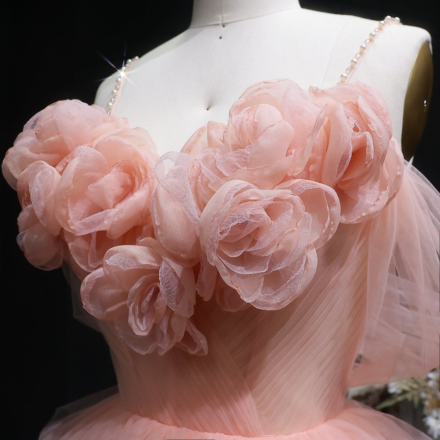 Peach Pink Tiered Tulle Homecoming Dress with 3D Floral Off-Shoulder RM132 Sheer Fairy
