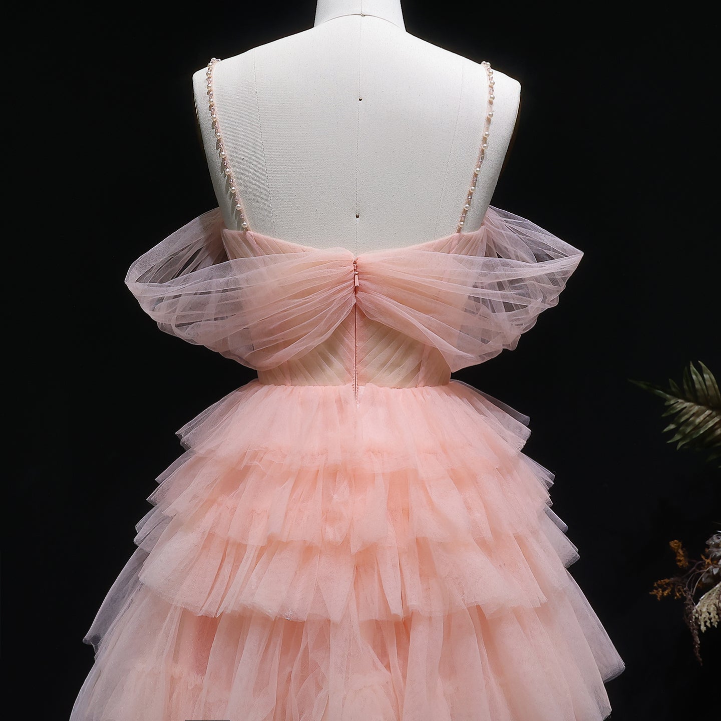 Peach Pink Tiered Tulle Homecoming Dress with 3D Floral Off-Shoulder RM132 Sheer Fairy