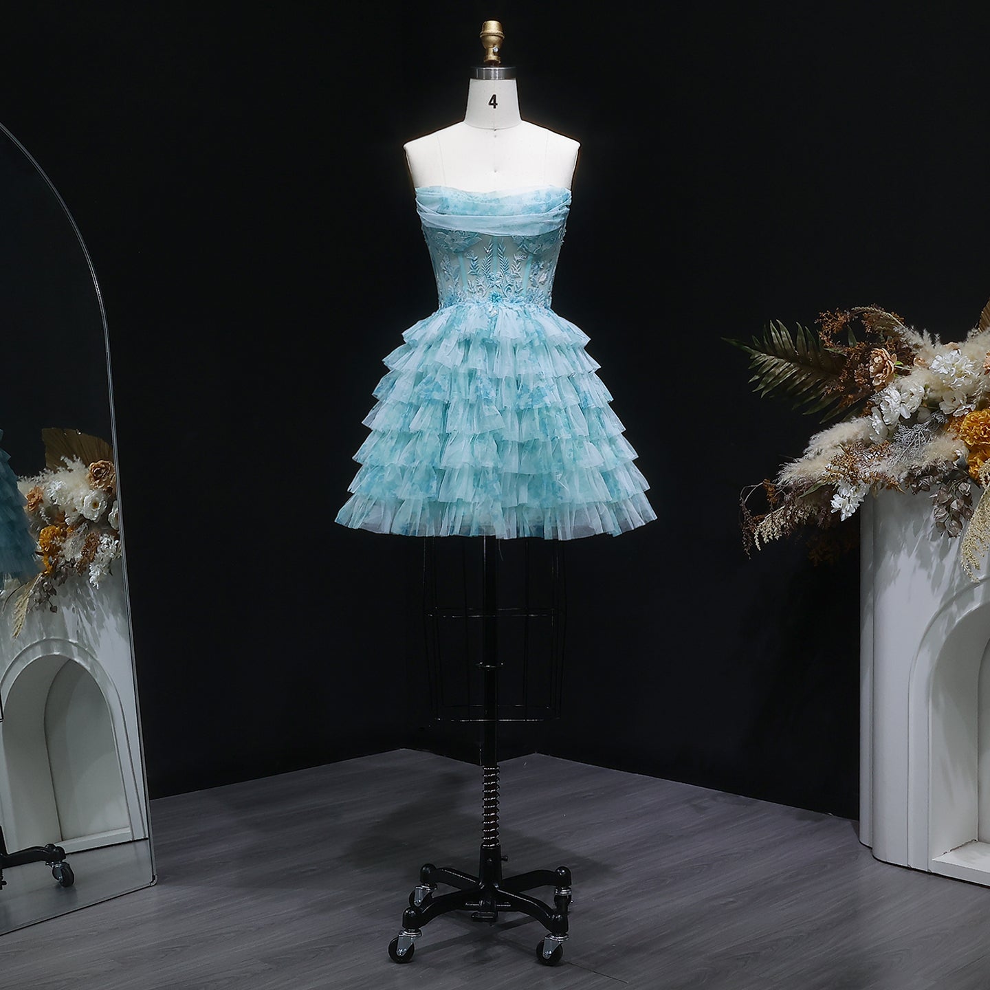 Aqua Strapless Tiered Tulle Homecoming Dress with Lace Corset Bodice RM133 Sheer Fairy