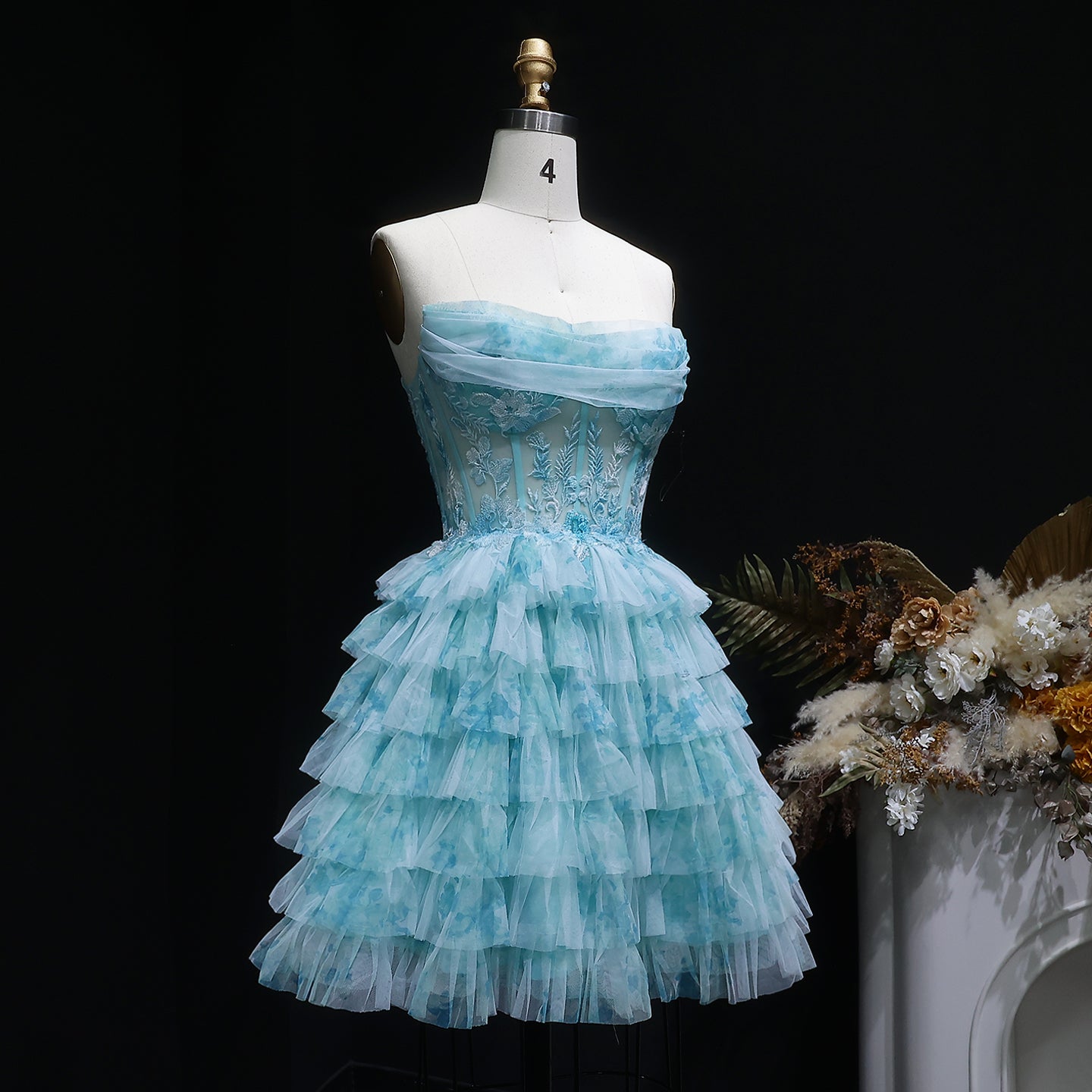 Aqua Strapless Tiered Tulle Homecoming Dress with Lace Corset Bodice RM133 Sheer Fairy