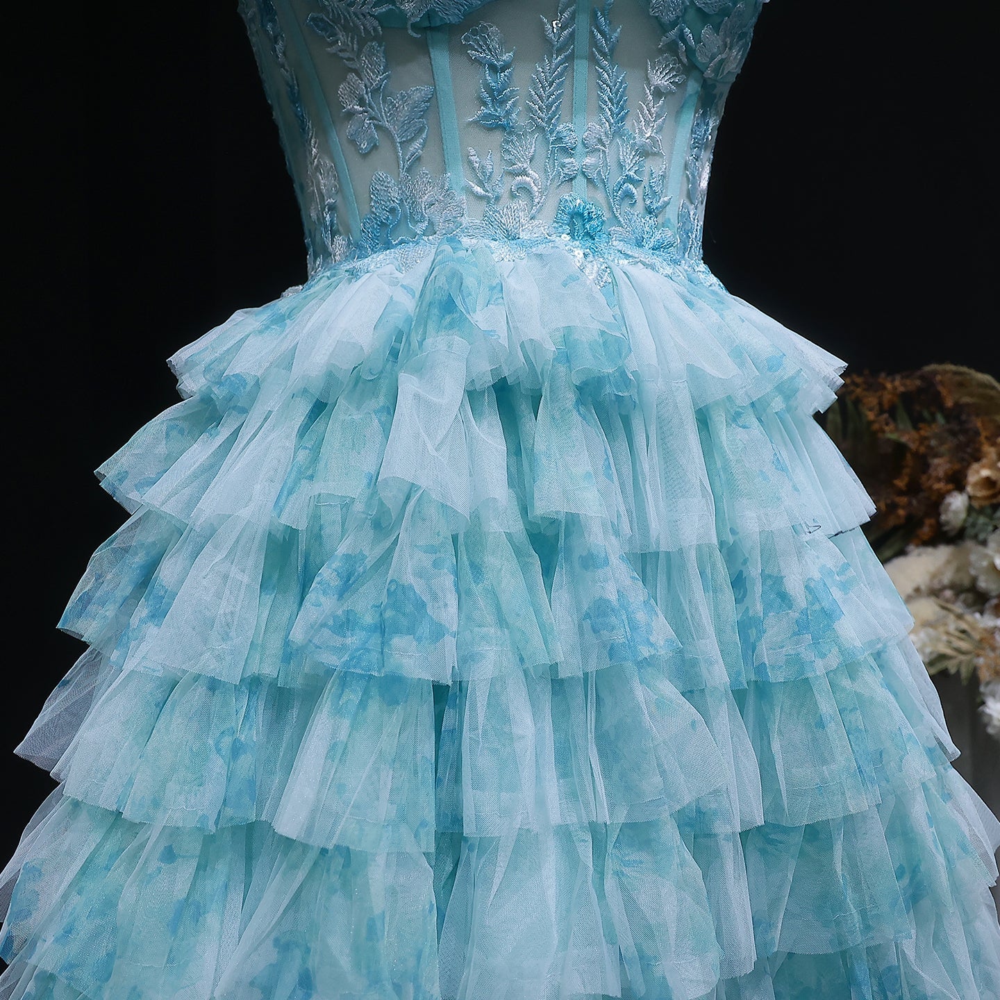 Aqua Strapless Tiered Tulle Homecoming Dress with Lace Corset Bodice RM133 Sheer Fairy