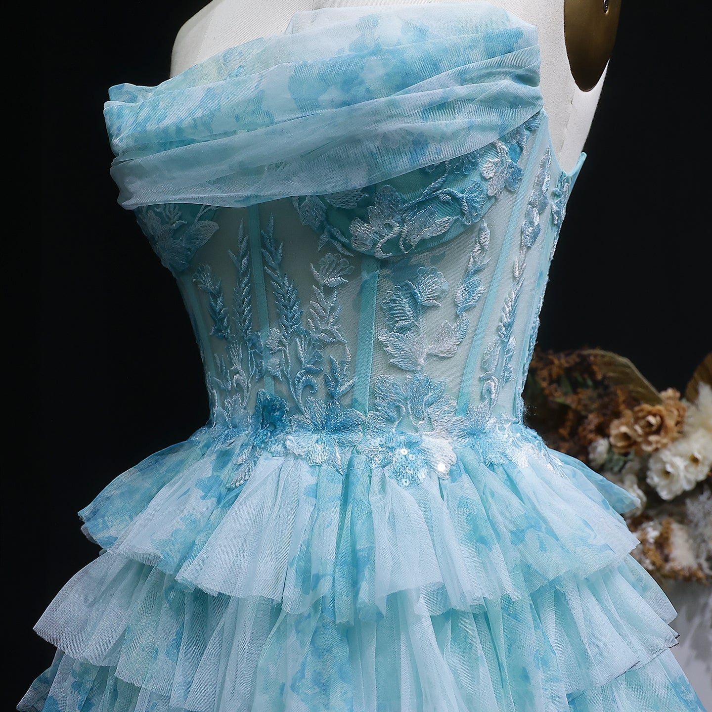 Aqua Strapless Tiered Tulle Homecoming Dress with Lace Corset Bodice RM133 Sheer Fairy